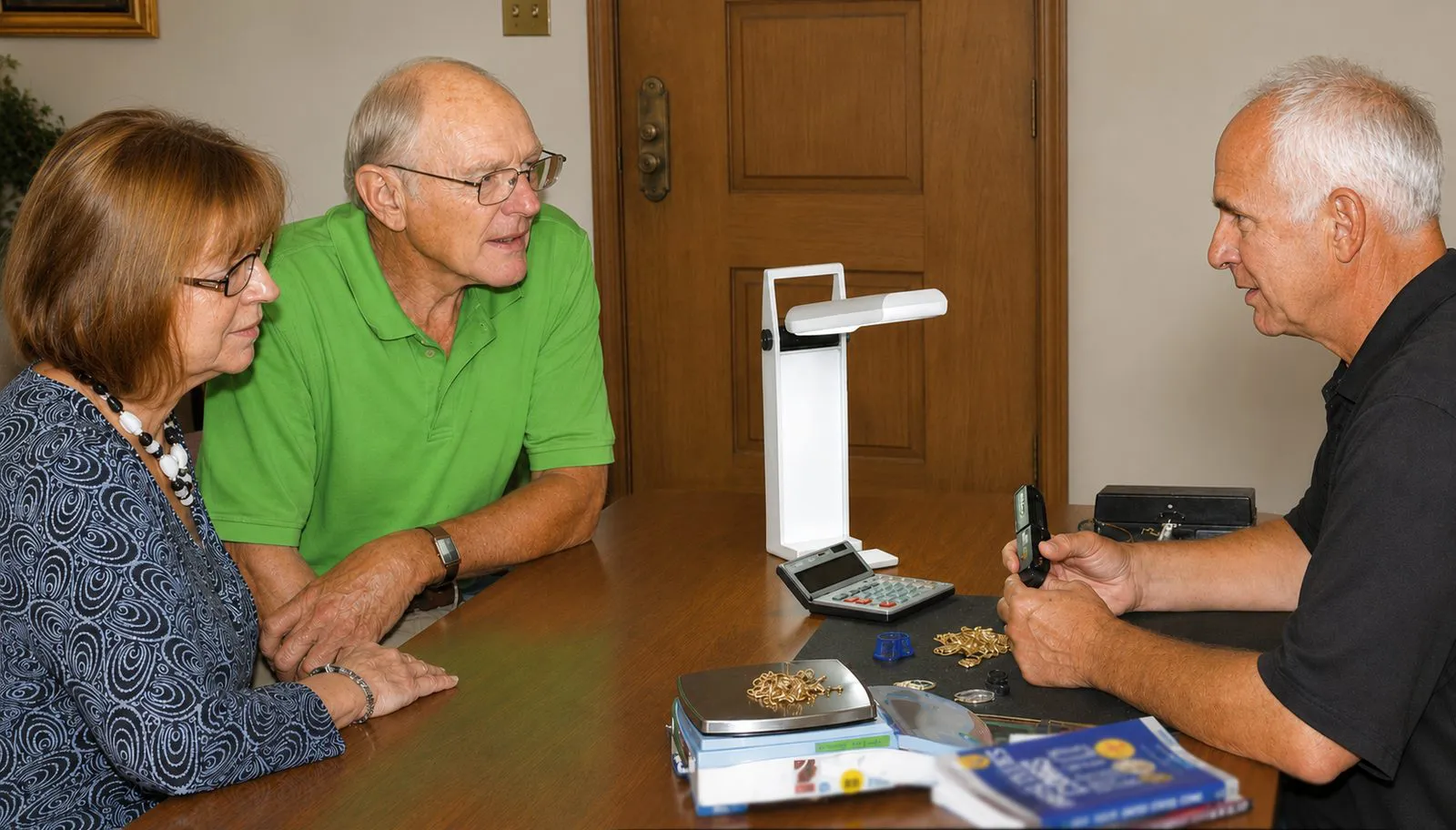 Stan Walter evaluating gold jewelry with a couple at his desk